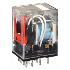 Socket-mounted plug-in relay with square base and flat pins. Features 4PDT contacts, 24V DC coil, 5 A current rating, and quick-connect terminals. Suitable for switching industrial loads in control panels and automation systems.