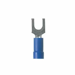 Blue vinyl insulated fork terminal with #6 stud size, standard fork shape, and funnel-entry barrel. Rated for 600 V. Used for terminating electrical wires to stud connections in control panels, machinery, and power distribution systems.