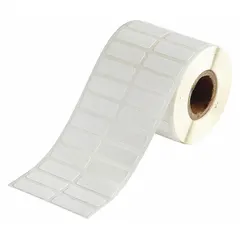 White nylon precut label roll measuring 3/8 in x 1 in, containing 1,500 labels. Designed for use with the BBP12 printer series and requires R4913 ribbon. Suitable for industrial identification, asset tracking, cable marking, and safety signage applications.