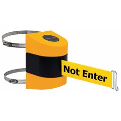 This rack-mount retractable belt barrier features a 15 ft yellow belt with black message markings, enclosed in a yellow frame. Designed for crowd control and pedestrian guidance in industrial, commercial, and public spaces, it mounts via a hose clamp plate and wire clip.