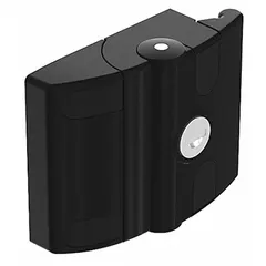 Non-locking safety latch made of powder-coated aluminum in black. Designed for use with 15, 40, and 45 Series double extrusion profiles in structural framing systems. Measures 96 mm x 69.1 mm x 78 mm. Fasteners not included.