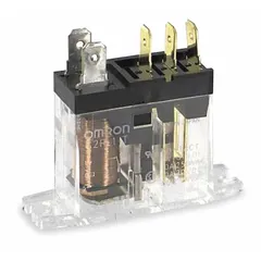 Surface-mounted relay from the G2R Power Series with top flange mounting and square base. SPDT contact configuration, rated 10 A at 250V AC for resistive loads. Coil voltage 24V AC. Quick-connect terminals. Suitable for general industrial control and automation applications requiring reliable switching.
