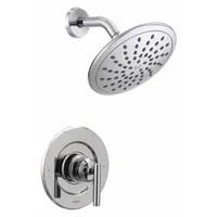 This shower faucet from the Gibson Posi-Temp T3002 series includes a fixed showerhead with a flow rate of 1.75 gpm. The showerhead is made of plastic, while the overall construction combines metal and plastic. Suitable for residential and light commercial bathroom installations or replacements