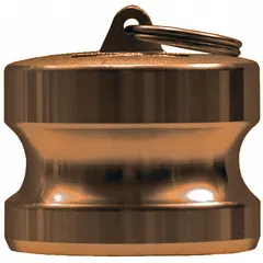 Forged brass dust plug for cam and groove couplings. Seals coupling ends when not in use to prevent contamination. 4 in coupling size, 100 psi max working pressure at 70°F, 2 15/16 in overall length. Used in fluid transfer systems.