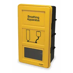 Plastic wall cabinet for storing self-contained breathing apparatus (SCBA). Black/yellow case with an integrated shelf. 13 inches long. Suitable for industrial facilities requiring accessible emergency respiratory equipment storage.