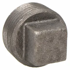 Threaded plug for sealing open ends in low-pressure piping systems. Made of malleable iron with a maximum operating pressure of 285 psi. Suitable for water, air, steam, and other industrial fluid or gas lines.