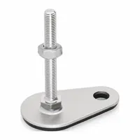 This male leveling mount features a 3/8"-16 threaded stud, plain finish, and a teardrop-shaped base with a Buna-N thrust pad for non-skid performance. Rated at 3,147 lbf capacity, it includes a nut and mounting holes. Suitable for leveling and stabilizing machinery, conveyors, and workstations, reducing vibration and preventing skidding