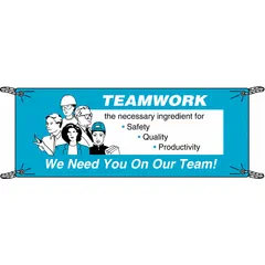 This polyethylene banner is printed on one side and rated for indoor or outdoor use. With a nominal size of 48 in by 120 in, it is suitable for displaying safety messages, team recognition, or general communication in industrial facilities, warehouses, and construction sites.