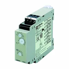DIN-rail mounted timer relay with On Delay function. Accepts 24 to 240V AC/DC input. Timing range adjustable from 0.1 sec to 1,200 hr. Features 9 terminals and contact rating of 5 A at 250V AC (resistive load) and 10 mA at 5V DC. Used in industrial control panels for timing applications such as motor start sequencing and process automation.