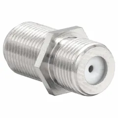 This F-Type female to F-Type female coaxial adapter is used to connect two coaxial cables with F-Type connectors, enabling signal extension or coupling in data, audio, and video systems. It supports frequencies up to 1,000 MHz and has a silver finish.