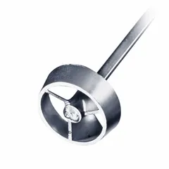This overhead stirrer impeller features a ringed blade shape and is constructed entirely of stainless steel, including both blade and shaft. The 1/4 in shaft diameter is designed for use with compatible overhead stirrers. It is suited for mixing, blending, and homogenizing liquids in laboratory and industrial processes.