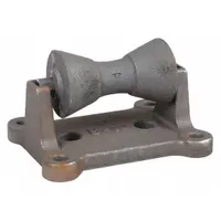 Surface-mount pipe roller with cast iron roller and base, overall length 8.63 in, load capacity 2,100 lb. Designed to support pipe during cutting, threading, or welding operations in industrial piping and fabrication settings