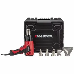 Standard pistol-grip heat gun operating at 120V AC with 13A current and two-prong plug. Kit includes spreader, shrink tubing, specialty connector, reducer, and pinpoint reducer attachments, plus storage case. Used for shrink tubing, bending plastic, drying, and paint stripping in industrial maintenance, electrical, and HVAC applications.