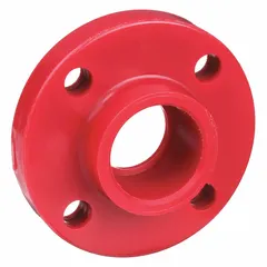 Schedule 80 pipe flange made from polyvinylidene (ASTM D3222 Type I) with Class 150 rating. Fitting pipe size 2 in, flange outside diameter 6 in, red color. Used in industrial piping systems requiring corrosion resistance, such as chemical processing, water treatment, and HVAC applications.
