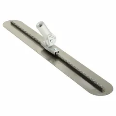 This long-reach Fresno trowel features a round carbon steel blade with a 5-inch width. It is used for finishing and smoothing concrete slabs, particularly in areas that are difficult to access. The straight blade design helps achieve a flat, uniform surface on large concrete pours.