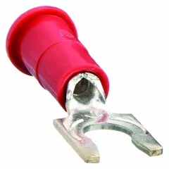 Red vinyl insulated locking fork terminal from the TR Series. Funnel barrel style accepts 18 AWG wire and fits a #10 stud. Rated for 1000 V. Used for secure electrical connections in control panels and power distribution.