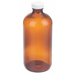This 500 mL amber narrow mouth round glass lab bottle is made of Type III soda lime glass with a 28-400 mm neck finish. Supplied without a closure, it is designed for laboratory storage and dispensing of light-sensitive liquids, protecting contents from UV degradation.