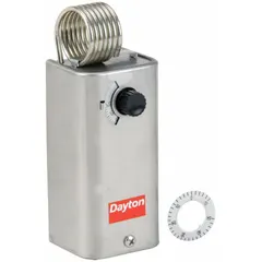 This indoor single-stage control is a cool-only line voltage thermostat with a stainless steel housing. It features a SPST close-on-rise switch and a hydraulic air coil sensor, operating within a 30° to 110°F temperature range with a 3.5°F differential. Rated for 120 to 270V AC, it is used for basic cooling control in commercial or industrial HVAC systems.