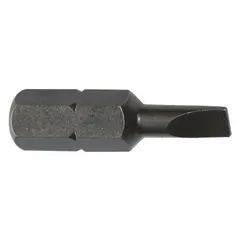 Slotted head impact bit with hex drive, designed for use with power tools and impact drivers. Imperial sizing with 4F-5R bit industry size. Sold in a 5-pack. Suitable for driving slotted fasteners in assembly and maintenance applications.