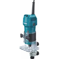 Fixed-base laminate trimmer with a 0.66 hp motor delivering a fixed speed of 30,000 RPM. Equipped with a 1/4 in collet and Instant Start for immediate operation. Suitable for trimming laminate countertops, edge banding, veneers, and flush trimming in cabinetry and furniture work.