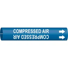 Blue pipe marker with white legend reading 'Compressed Air' and directional arrows. Fits pipe outer diameters from 3/4 to 1-3/8 inches. Used to identify compressed air lines in piping systems for visual indication of contents.