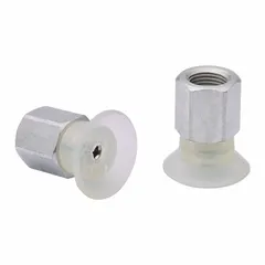 This flat-type vacuum pad assembly is designed for fast-handling applications in food processing and packaging. It features a 1/8 in NPT vacuum port, 22.8 mm pad diameter, and 23.5 mm pad height, constructed from clear food-safe material. Suitable for automated pick-and-place systems in hygienic environments.
