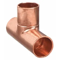 Wrot copper tee fitting with three 3/4 in CTS cup ends for sweat/solder connections. Used to branch or combine copper tubing in plumbing and HVAC systems, including potable water and hydronic heating. Manufactured to ASTM B75/B75M standards.