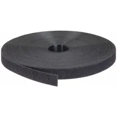 This cut-to-length hook-and-loop cable tie roll is made of black nylon and measures 0.75 inches wide by 75 feet long. It has a tensile strength of 50 lb and is used for bundling, organizing, and securing cables in data centers, control panels, and network installations.