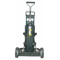 Cylinder cart designed for transporting and storing 2216 psi low pressure SCBA cylinders. Rated for maximum pressure of 2,216 psi. Empty cart weight is 49 lb. Suitable for use in firefighting, industrial safety, and emergency response applications.