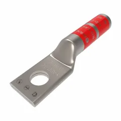 One-hole compression lug for terminating 8 AWG solid or stranded copper wire onto a #10 stud. Long barrel design, copper construction. Used in electrical panels, motor controls, and power distribution systems.