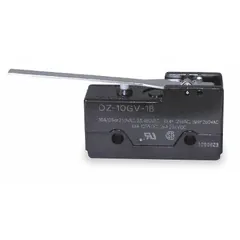 Hinge lever snap-action switch from the OMRON DZ series. Features a 3NO/3NC contact configuration with screw electrical connection. AC contact rating of 2 A at 480 V. Suitable for position sensing and limit control in industrial automation and machinery.