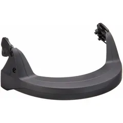 This black nylon crown adapter uses a slotted attachment to mount face shields onto 3M X5000 Series hard hats. It enables integration of head and face protection for tasks where impact or splash hazards are present.