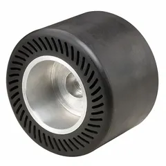 This slotted expander wheel is designed to hold and tension inline drum sanding belts during operation. It features a 5/8 in unthreaded arbor and is used in industrial finishing, deburring, and surface preparation applications.