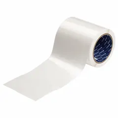Clear acrylic laminate roll with permanent adhesive, 3 1/4 in height by 4 5/8 in width. Used as a protective overlaminates for labels in industrial environments to shield against abrasion, chemicals, and moisture.