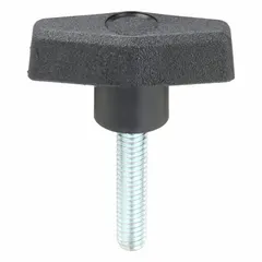 This T-handle knob features a 2-inch diameter plastic body with a steel threaded stud (5/16"-18). It is used for manual clamping, positioning, and adjustment on industrial machinery, jigs, and fixtures, providing a comfortable grip for frequent hand-tightening operations.