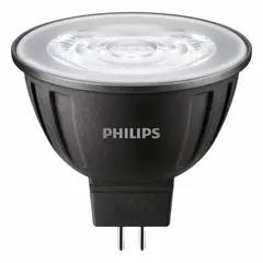 PHILIPS MR16 LED lamp with a clear finish and GU5.3 2-pin base. Operates at 12V AC, consumes 7W, and replaces a 50W incandescent. Color temperature is 3000K. Shatter-resistant construction suits accent and task lighting in track, display, and recessed fixtures.