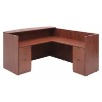 This reception desk from REGENCY features a Cherry melamine finish. With overall dimensions of 71 inches wide, 82 inches deep, and 42 inches high, it provides a spacious work surface for front-desk or lobby areas in offices and similar professional settings