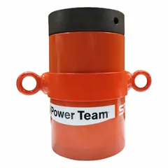 The POWER TEAM R1502L is a 150-ton nominal capacity lock nut ram with a 2-inch nominal stroke length and an effective area of 30.68 sq in. Designed for industrial lifting, pressing, and maintenance tasks, it features a lock nut mechanism to mechanically hold loads after hydraulic pressure is released.