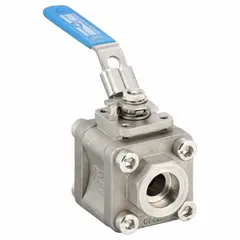 This stainless steel vented ball valve features a straight body with socket x socket connections and a polymer seat. The locking lever handle provides secure manual on/off flow control. Typical applications include industrial piping systems where corrosion resistance and pressure relief are required.