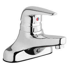Cast brass centerset handle bathroom faucet with polished chrome finish. Flow rate of 1.5 gpm. Includes mounting hardware. Suitable for lavatory sinks in commercial and residential settings.