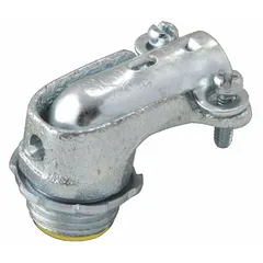 This 90° squeeze clamp connector is made of iron with a gray finish and includes an insulated throat. It has a 1 in MNPT box connection and a 1"-11-1/2 thread size, designed for use with AC cable. UL Listed.