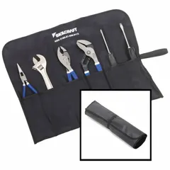 This 6-piece tool set includes chain nose pliers, a Phillips screwdriver, and an adjustable wrench, stored in a tool roll. Designed for general maintenance tasks such as light repairs, adjustments, and assembly work in industrial or facility settings.
