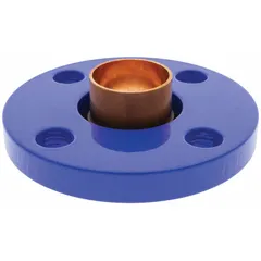 This wrot copper tube flange features a cup x flange connection, designed for sweat (solder) installation. It connects 1 1/4 in CTS copper tubing to 1 1/4 in pipe, providing a transition for use in plumbing and HVAC systems.