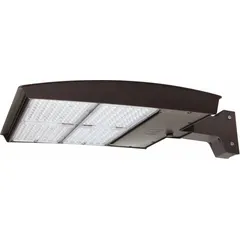 LED street and parking lot light fixture delivering 44,028 lumens at 320 watts with selectable 3000K/4000K/5000K color temperature. Type III distribution pattern for wide-area illumination. Arm mount design, operates on 120 to 277V AC. Suitable for outdoor area lighting such as streets, parking lots, and roadways.