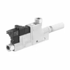 This EBS Series vacuum generator from AVENTICS is electrically controlled and operates with a maximum supply pressure of 6 bar. It features a 1/8 in G port size and a normally open (NO) valve function, with an integrated silencer. Typical applications include workpiece handling, lifting, and holding in industrial automation systems.