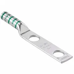 Two-hole compression lug for terminating 600 kcmil stranded copper wire to a 1/2 in stud. Features a long copper barrel and uses die code P94. No inspection hole. Suitable for power distribution and heavy electrical connections.