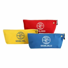 Set of three canvas flat zippered tool bags in blue, red, and yellow. Each bag measures 18 inches wide by 3.5 inches deep by 8 inches high and includes one inside pocket. Suitable for organizing and carrying hand tools, test instruments, and small parts on job sites.