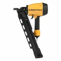 This air-powered framing nailer features a 21° magazine with plastic strip collation and a 64-nail capacity. It operates in combination mode (sequential and bump-fire) and has a 3/8 in NPT air inlet. Typical applications include framing, sheathing, and truss building in construction.