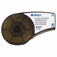 Continuous sleeve label roll cartridge for on-demand wire and cable identification. Polyolefin material with white matte finish. Designed for wire gauges 4 AWG to 12 AWG. Compatible with M210-LAB printer series.