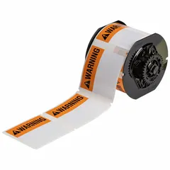White polyester precut label roll, 3 in x 3 in, with rubber adhesive for indoor/outdoor use. Halogen-free material. Compatible with i3300 printer series. Used for warning identification in industrial facilities.